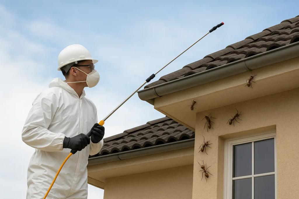 Rovarirtó szakember védőruhában hangyairtást végez családi ház homlokzatán, hosszú szárú permetezővel